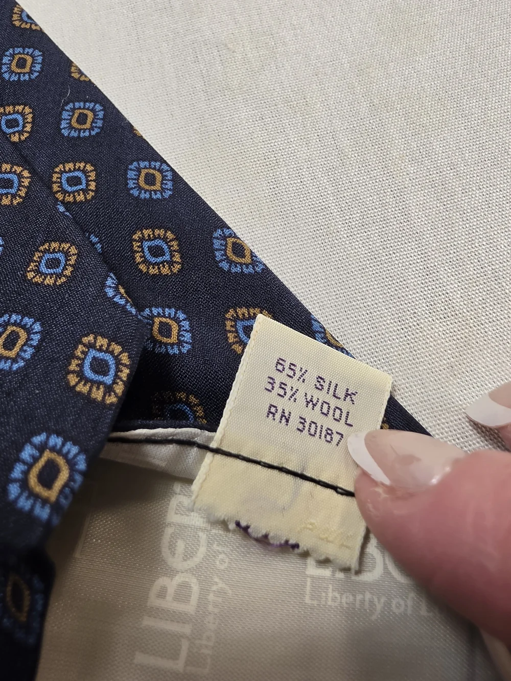 Mens Vintage Liberty Of London Navy Silk & Wool Tie w Blue & Gold Medallions